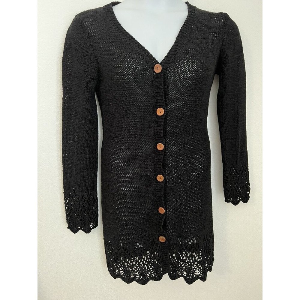 BCBG Max Azria Cardigan Long Line Black Button Up Loose Knit Large Light…